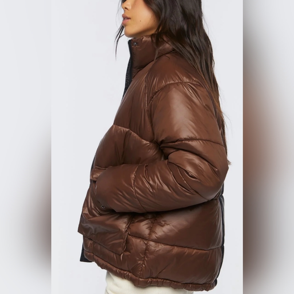 NWT Forever 21 Color Block Puffer Jacket Sz S Black/Brown Women Funnel Neck - Picture 11 of 17